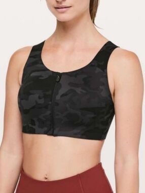 Lululemon Black Incognito Camo Hi Impact Yoga Sports Zip Up Bra 36B